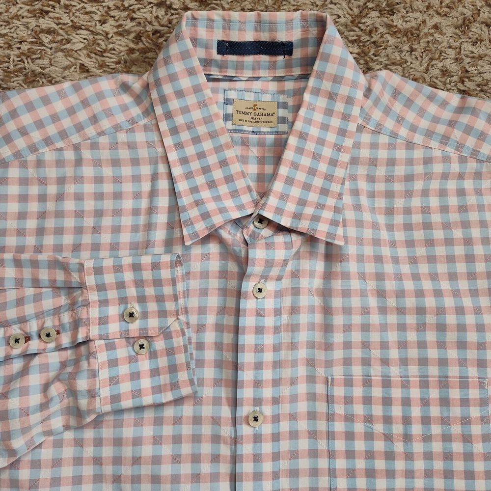 Tommy Bahama Jeans Plaid Men Sz XXL Blue Pink Long Sleeve Button Up Casual